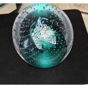 RARE VTG Caithness Cauldron signed Paperweight Green & White Swirl Num- W 8681